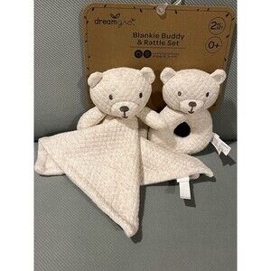 Dream Gro Tan Bear Lovey Baby Blanket Rattle Gift Set Embroidered Eyes Nose Ears